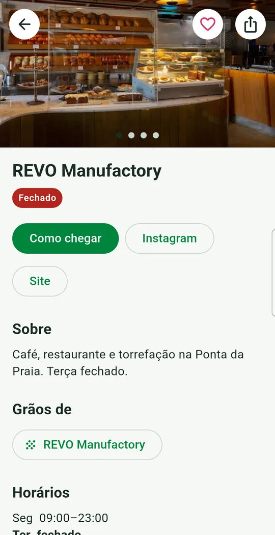 Ficha da REVO Manufactory com foto, botões de rota e Instagram e horários