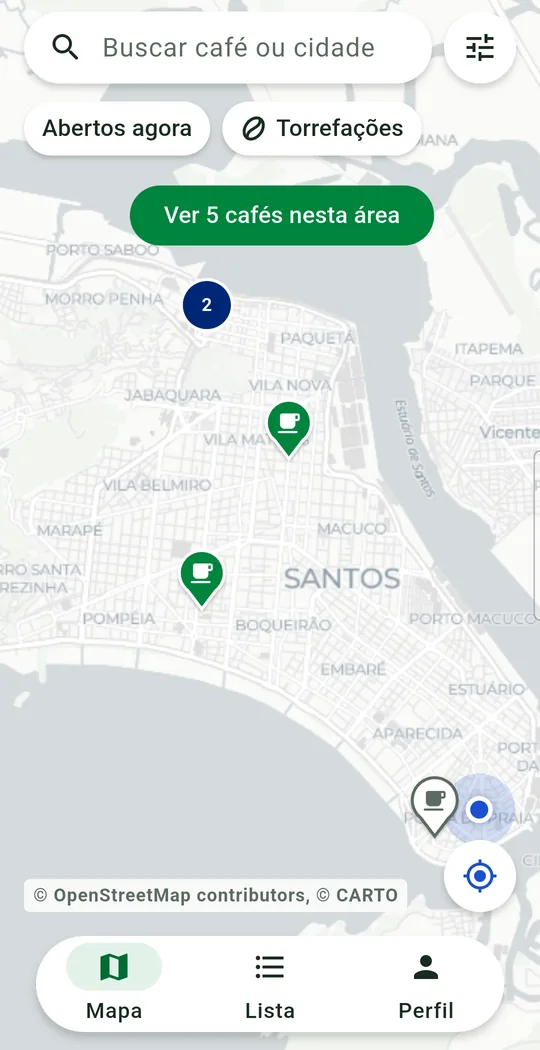 Tela do mapa do BrewSpot com cafés marcados em Santos